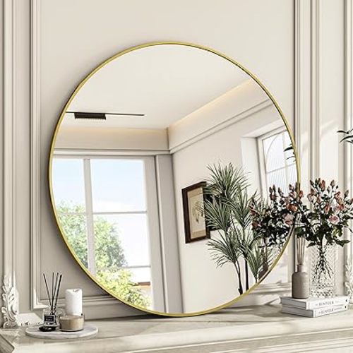 ZENOMIRRIS Round Mirror Wall Mounted Mirror - 24" Gold Circle Mirror Bathroom Vanity Mirror with Aluminum Frame for Bedroom Living Room Entryway Decor