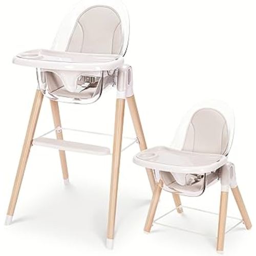 Baby High Chair, 6-in-1 Convertible Wooden Recline Chair with Adjustable Hardwood Leg for Babies and Toddlers, Double Dishwasher Safe Tray & Premium Leatherette