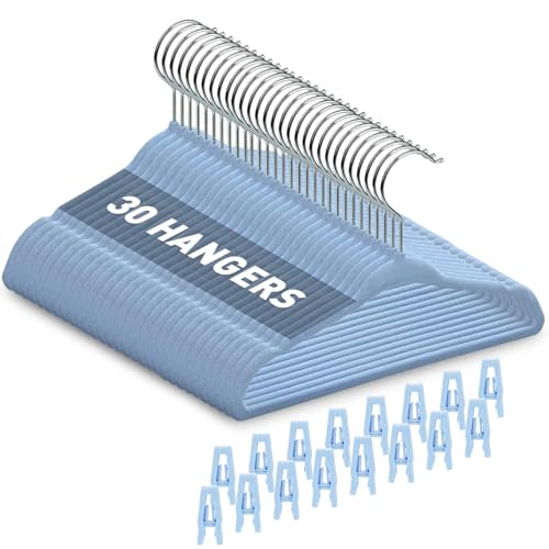 Babyrish Velvet Baby Hangers with Clips (30 Pack) | 11” Ultra-Slim Baby Clothes Hangers | Non-Slip Felt | Space-Saving Nursery & Infant Closet Organizer | Blue