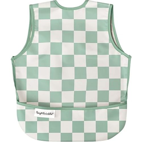 Tiny Twinkle Mess Proof Baby Bib for Boys | Waterproof Toddler Bib for Eating | Baby Apron for Feeding, Machine Washable | Perfect Shower Gift (Green Checkers, 2-4Y)