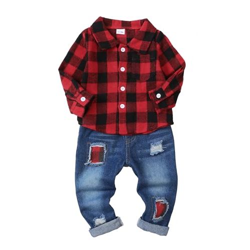 NZRVAWS Toddler Baby Boy Clothes Infant Plaid Pocket Shirt Denim Ripped Jean Pants Outfits Set 6-24 Months 2-5T