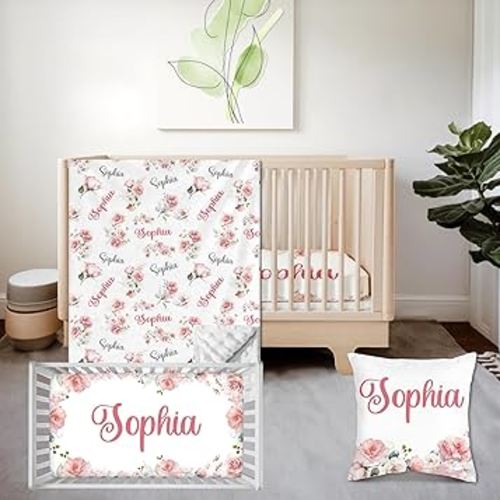 Personalized 3 Piece Baby Crib Bedding Set for Girls, Newborn Baby Toddler Nursery Pink Flower Set with Blanket, Fitted Sheet, Pillowcase, Custom Name Gifts for Girls