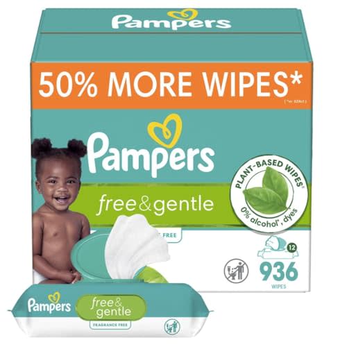 Pampers Baby Wipes, Free & Gentle, Hypoallergenic and Unscented Wipe, 100% Plant Based, Plastic-Free for Babies, 936 Total (12 Flip-Top Packs)