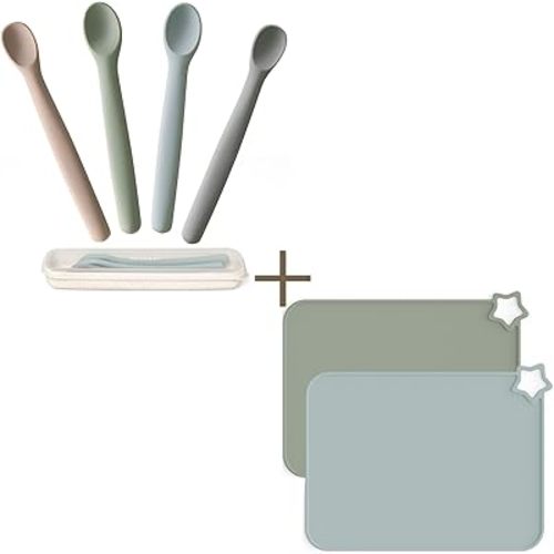 Moonkie Silicone Baby Spoons Set of 4 & Non-Slip Placemats for Toddlers | 2 Sizes Feeding Utensils for 4+ Months | Bendable, Chewproof, Stain Resistant & Dishwasher Safe | Perfect for Mealtime