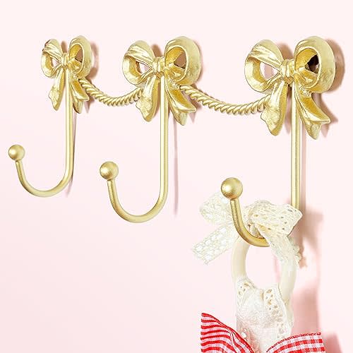 Gold Bow Hooks for Girls: Cute Triple Bows Hooks Wall Mount for Nursery Bedroom Bathroom for Hanging Towel Bag Robe Jewelry - Metal 3 Hooks Coquette Room Decor for Girly Daughter Kids Baby