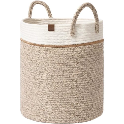 LA JOLIE MUSE Woven Basket Rope Storage Baskets - Tall Cotton Basket 16 x 14 x 14 Inches, Laundry Basket for Blanket, Kids Toy, Nursery Clothes Hamper Basket White & Desert