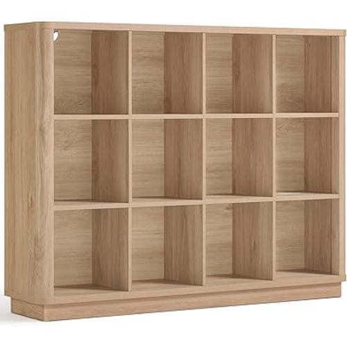 Joaxswe 12 Cube Storage Organizer, 41" Large Bookshelf with Curved Edge, Wood Floor Standing 3-Tier Cubby Bookcase with Base, Rustic Display Storage Cabinet for Living Room, Home Office, Natural Oak