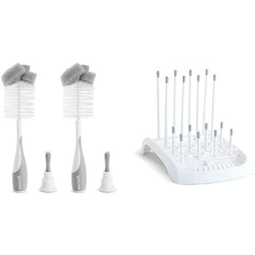 Munchkin® Sponge™ Bottle Brush, Grey, 2 Count (Pack of 1) & Fold™ Baby Bottle Countertop Drying Rack, White