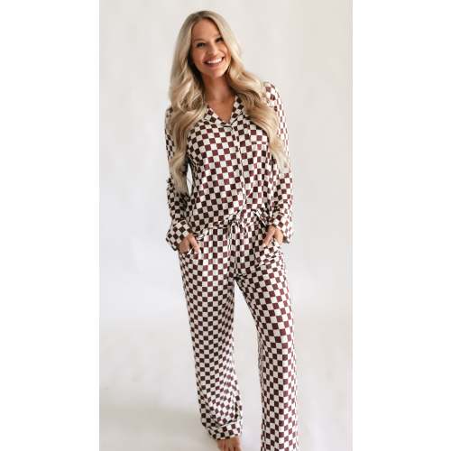 Women's Button Up Set In Cream + Brown Checkered