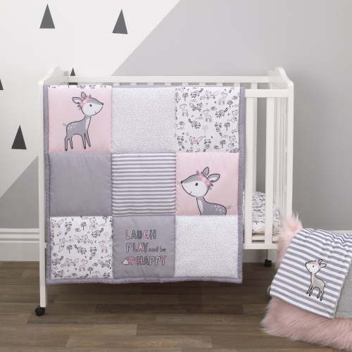 Little Love by NoJo Sweet Deer Grey, Pink 3-Piece Mini Porta Crib Bedding Set, Comforter, 2 Sheets, Girl Infant Nursery