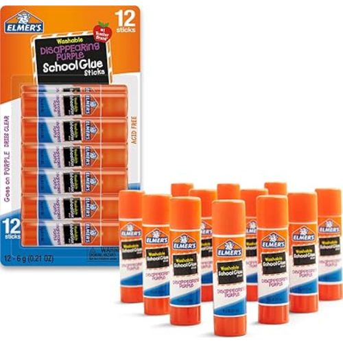 Elmer's Disappearing Purple School Glue Sticks, Washable, 6 Grams, 12 Count - Arts & Crafts, Poster, Projects, Back to School, #1 Teacher Brand