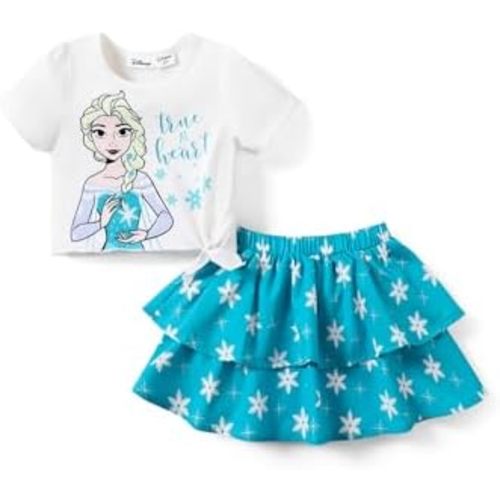 Disney Frozen Elsa Stitch Princess Toddler Girls' Skirt Set Short Sleeve 2pcs Outfit Summer Beach Dress Birthday Clothes 2-9Y