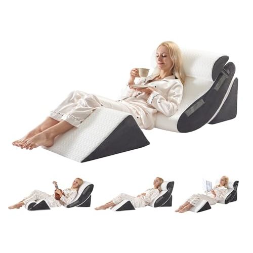 4PCS Orthopedic Bed Wedge Pillow Set for Sleeping, Post Surgery Foam Support Pillows for Back, Neck and Leg Pain Relief, Adjustable Triangle Pillow – Acid Reflux, GERD & Snoring Recovery, White Grey