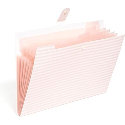 U Brands Poly 6 Pocket Expandable Folder with Tabs, Preppy Pink Stripes, 1 Count, Letter Size, 1/5-cut tabs and 14 Blank Adhesive Labels