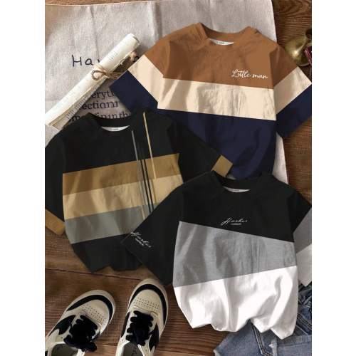 SHEIN 3pcs/Set Baby Boy Casual Minimalist Tops, Classic Color Block Patchwork Printed Short Sleeve Round Neck T-Shirts, Suitable For Summer