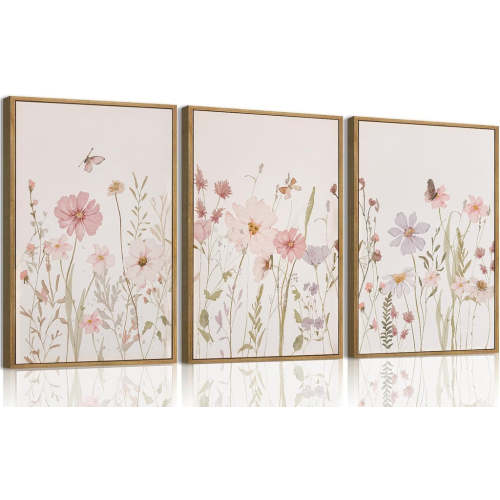 3 Piece Framed Wall Art Wildflower Wall Decor Botanical Canvas Art Floral Pictures Watercolor Paintings Pink Artwork