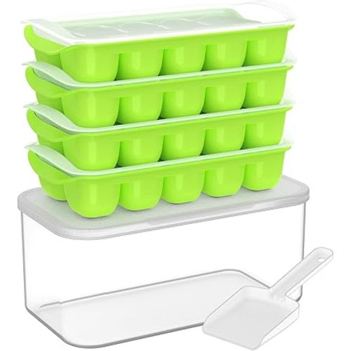 DOQAUS Ice Cube Tray with Lid and Bin, 4 Pack Easy Pop Out Silicone Ices Cubes Trays for Freezer with Cover, Stackable Compact Ice Bucket Kits, for Soup, Food, Cocktail, Coffee