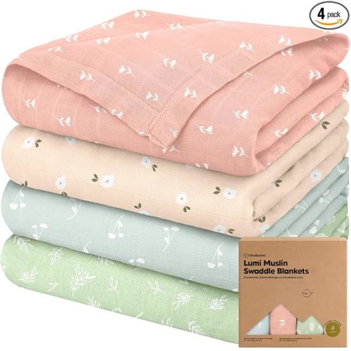 4-Pack Muslin Swaddle Blankets for Boys, Girls - Organic Baby Swaddles for Newborns, Soft & Breathable Receiving Baby Blankets for Girl, Boy, Neutral, Newborn Essentials Gift (Bloom)