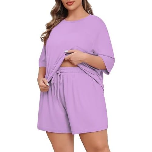 Lastshe Womens Plus Size Pajama Set 2 Piece Soft Short Sleeve with Pockets Summer Shorts Sleepwear Knit Pjs Lounge Set