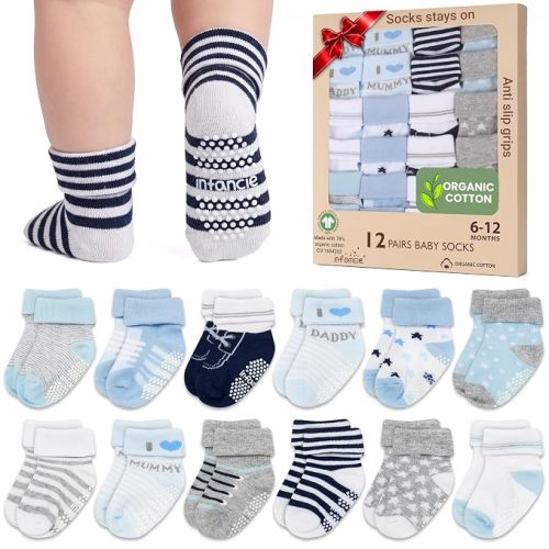 GOTS Organic Cotton Blend 12 infant socks with Grip 0-6 M Boy Non Slip Gift | Oeko-Tex Certified, Baby Socks, 12 Pairs, Organic Cotton Socks For Boys, Newborn Baby Socks, Blue, For Baby Boys, 0-6 Month