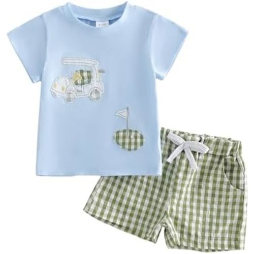 Kavousa Toddler Boy Summer Outfits Golf Baby Boy Short Sleeves T-Shirt Plaid Shorts Set Infant Newborn Boy Clothes Set