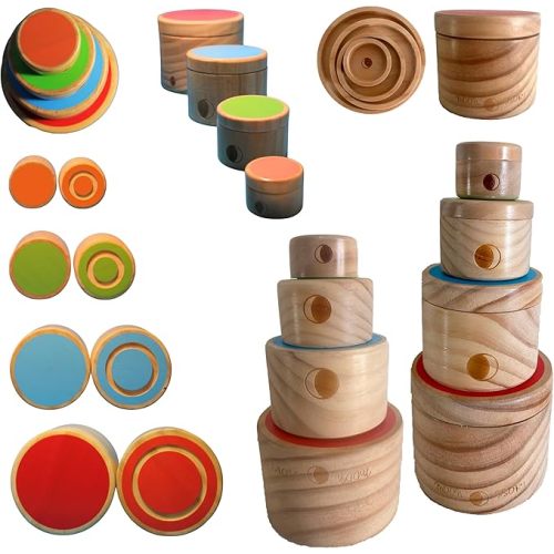 Montessori Wooden Stacking Boxes with Lids – Educational Toy for Toddlers – Fine Motor Skills & Sensory Development – Natural Wood Design – Cylindrical Stacking Set