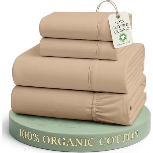 LANE LINEN 100% Organic Cotton Sheets Set, Long- Staple Percale Weave Ultra Soft Best- Bedding Sheets for Bed, GOTS Certified, Fits Mattress Upto 15inch Deep Pocket (King, Taupe)