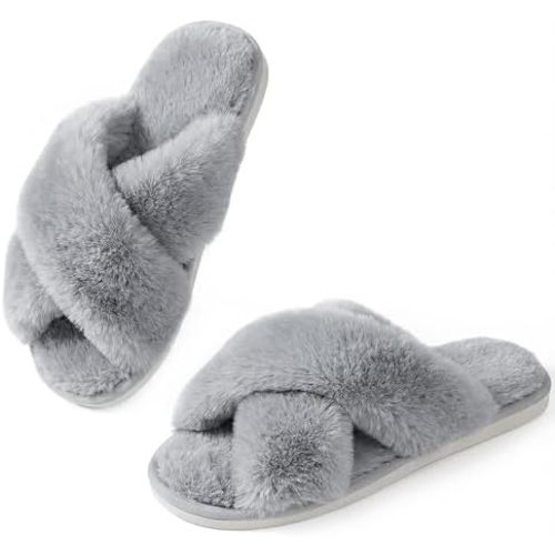 Ankis Memory Foam Fuzzy Slippers for Women,Open Toe House Shoes