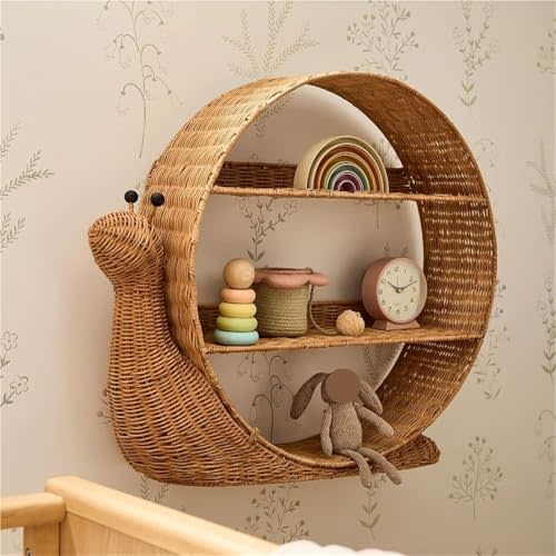 Floating Shelves, Natural Rattan Wall Decor Shelf 3-Tier, Handwoven Snail Shaped Decorative Hanging Storage Shelf, Cute Wall Display Rack for Home, Bedroom, Living Room