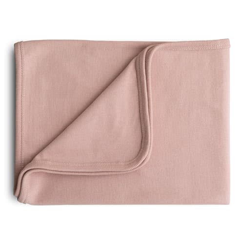 mushie Extra Soft Baby Blanket | Cotton and Elastane Ribbed Receiving Blanket, Swaddle, Stroller | 35x35 Inch (Blush)