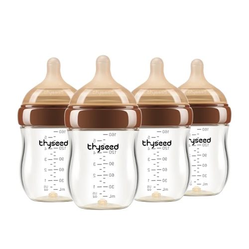 Thyseed Anti-Colic Glass Baby Bottle for Breastfed Infants, Natural Feeding, Breast-Like Newborn Extra Slow Flow Nipple (0m+), 5 oz, 4 Pack