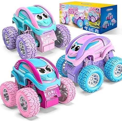 Jova 3 Pack Monster Truck Toys, Friction Powered Pull Back Car Toys with Crash, Flip & Bouncing for Toddlers Girls Age 18 Month and Up, Toddler Girl Toys Easter Basket Stuffers Birthday Gifts