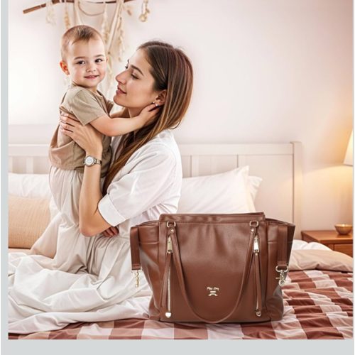miss fong Diaper Bag Tote Leather Diaper Bag Backpack, Large Capacity Mommy Bag Hospital Bag, 12 Pockets Travel Diaper Tote with Changing Pad,Stroller Straps & Insulated Pockets for Mom & Dad-Brown