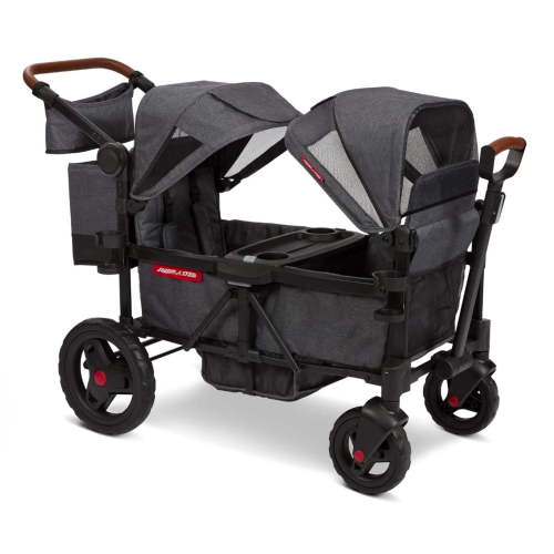 Radio Flyer Voya Stroller Wagon for Kids 6+ Months, Push or Pull, 2 Seats, Dual Sun Canopies, Compact Fold, Lightweight, Storage Space, 5-Point Harnesses
