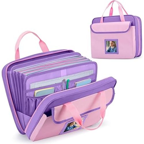 Zipper Document Bag for Boys and Girls, 9 Expandable Folders, Baby Portfolio Organizer Case with Customized Photo and Name Areas, Pink