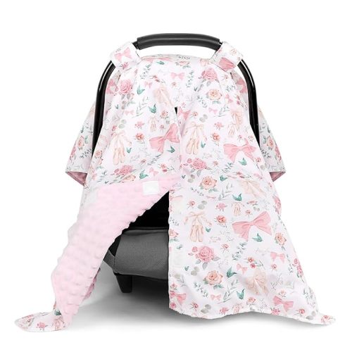 Baby Car Seat Cover, Soft Minky Warm Winter Car Seat Canopy for Infants & Toddlers, Opening with Adjustable Strap, Breathable Nursing Cover & Stroller Blanket, Pink Flowers (Fits Most Car Seats)