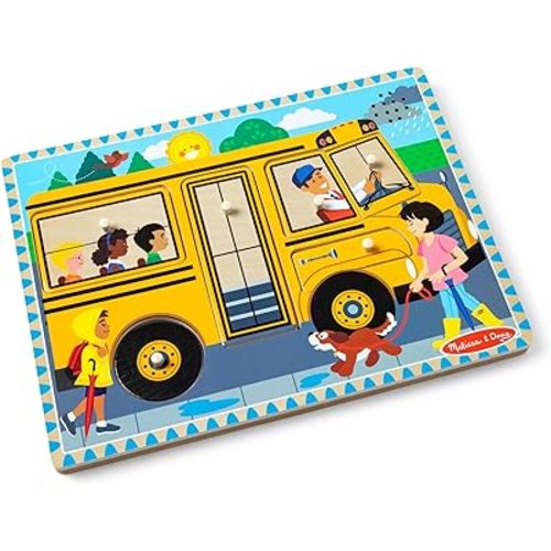 Melissa & Doug The Wheels on The Bus Song Puzzle – 8-Piece Wooden Peg Puzzle with Light-Activated Sounds, Music Learning Toy for Toddlers and Preschoolers Ages 2+
