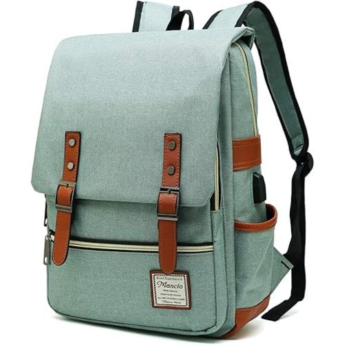 Mancio Vintage Laptop Backpack with USB Charging Port, Slim Tear Resistant Business Backpack for Travelling, College, Casual Daypacks for Men,Women, Fits up to 15.6Inch Notebook, Green