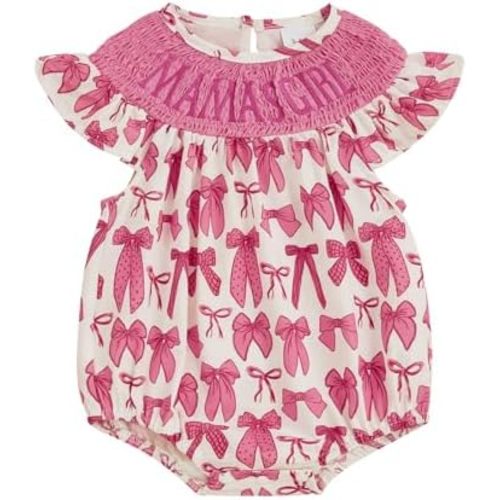 Newborn Baby Girl Summer Outfit Floral Mamas Girl Smocked Bubble Romper Fly Sleeve Bodysuit Mothers Day Clothes
