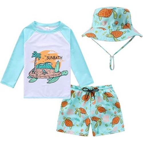 Baby-Boys Toddler Long Sleeved Rashguard Swim Bathing Suit and Sun Hat Set