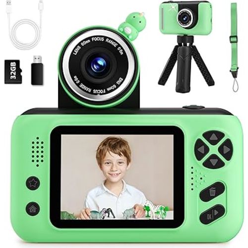 Kids Camera, Birthday Gifts for Boys and Girls Age 3-8,Video Recorder for Kids 8-12,Childrens Digital Camcorder for vlogging Portable Kids Selfie Camera with 32GB SD Card Green