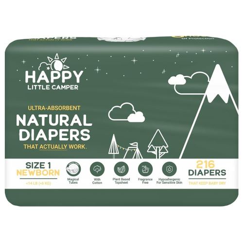 Happy Little Camper Ultra-Absorbent Natural Baby Diapers Size 1 - Hypoallergenic & Chlorine-Free Disposable Diapers Safe for Sensitive Skin - Unscented Newborn Diapers - 216 Count