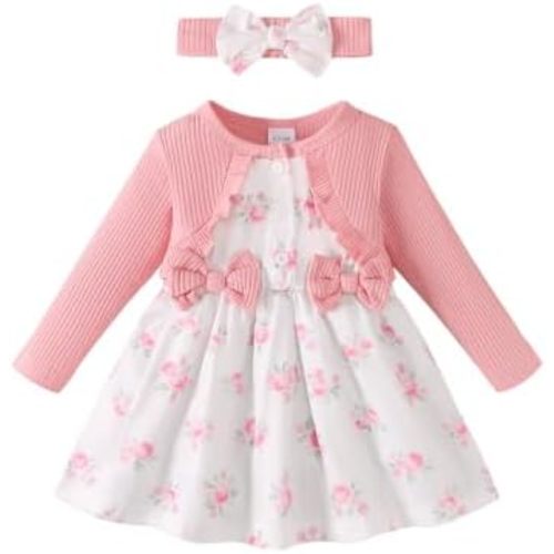 Renotemy Baby Girl Dress Fall Button Bow Outfits Toddler Clothes 3M-3T