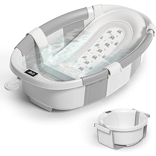Himold Collapsible Baby Bathtub for Newborn to Toddler 0-36 Months, Spacious Foldable Infant Bath Tub with Thermometer, Cushion & Drain Hole, Portable Travel Tub Grey