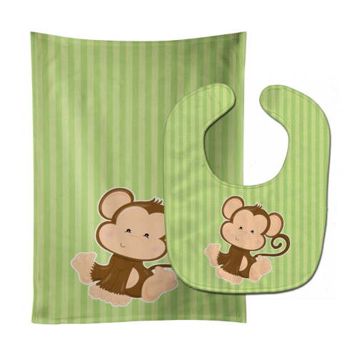 Monkey on Stripes Baby Bib and Burp Cloth
