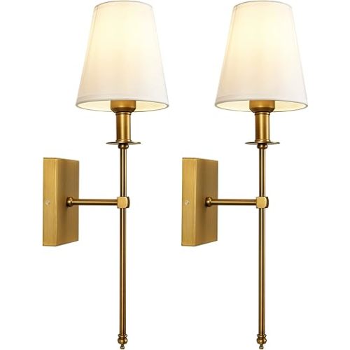 TERLEENART Modern Antique Brass Hardwired Wall Sconces Set of 2 Slim with White Fabric Shade,Wall Lighting for Bathroom Vanity Mirror Living Room Dining Entryway Fireplace Mantel Theater Room Bedside