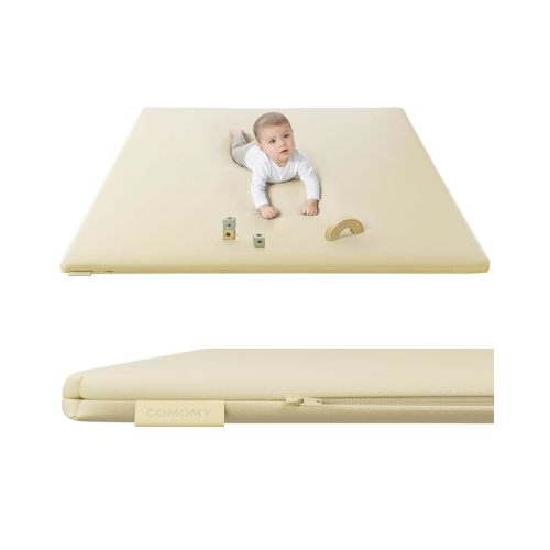 COMOMY Vegan Leather Baby Play Mats for Floor, 50 x 50 Play Mat for Playpen, Thickened High-Density Foam Playmats for Babies and Toddlers - Extra Soft and Resilient, Easy to Wipe Clean, Ivory
