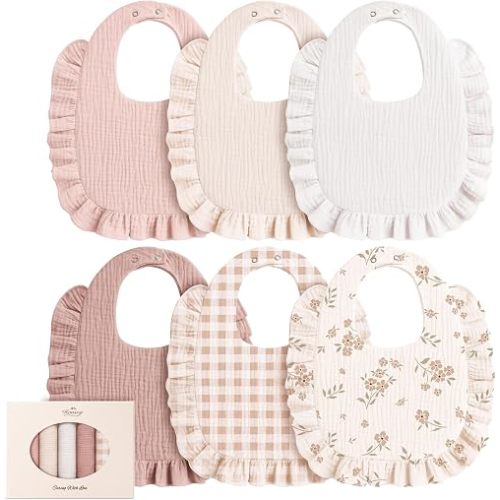 Konssy 6-Pack Muslin Baby Girl Bibs, 100% Soft Cotton Absorbent Drool Bibs