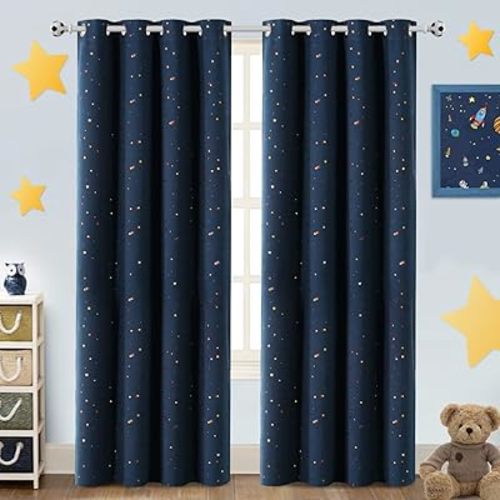 PrinceDeco Blackout Kids Curtains for Bedroom Thermal Insulated Bronze Twinkle Star Curtains for Boys Antique Grommet Top Window Treatment 2 Panels Drape for Nursery (52" W x 84" L, Navy/Bronze)