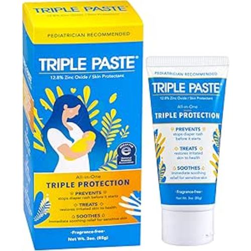 Triple Paste Diaper Rash Cream for Baby - 3 oz Tube – Zinc Oxide Ointment Treats, Soothes & Prevents Diaper Rash, Pediatrician-Recommended Hypoallergenic Formula, Baby Essentials for Daily & Overnight